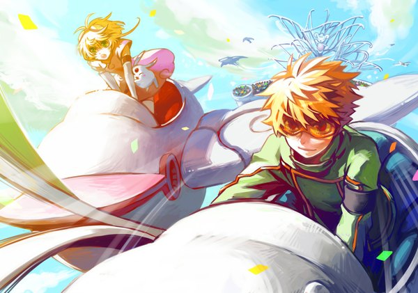 Anime picture 1500x1054 with tsubasa reservoir chronicle clamp sakura hime li xiaolang mokona-modoki yukihiko long hair short hair open mouth blonde hair red eyes brown hair green eyes sky light smile sunlight flying girl boy gloves