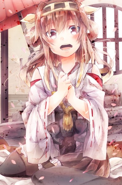 Anime picture 1200x1819 with kantai collection kongou battleship sugino (patrassyar) single long hair tall image looking at viewer fringe open mouth brown hair sitting bare shoulders brown eyes long sleeves pleated skirt wind wide sleeves happy nontraditional miko girl