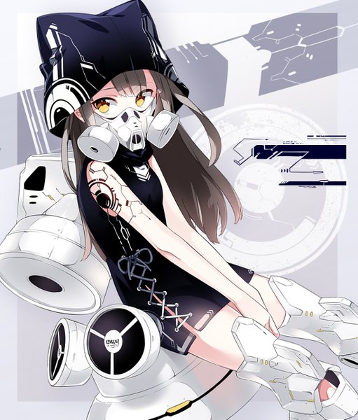 Anime picture 1100x1291 with original sama (artist) single long hair tall image looking at viewer brown hair sitting animal ears yellow eyes pink hair multicolored hair cat ears gradient hair mechanical girl dress black dress short dress cap