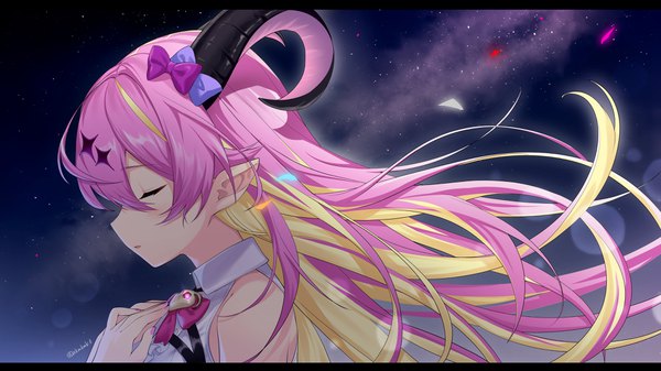 Anime picture 4096x2304 with virtual youtuber hololive mano aloe akamoku single long hair highres blonde hair wide image signed pink hair absurdres upper body eyes closed profile multicolored hair horn (horns) wind pointy ears two-tone hair