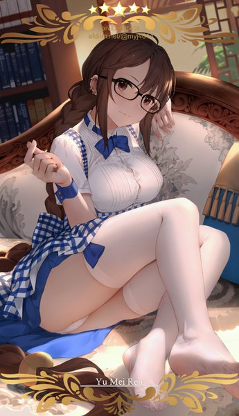 Anime picture 922x1600 with fate (series) fate/grand order yu mei-ren (fate) yijian ma single tall image looking at viewer blush fringe breasts light erotic hair between eyes brown hair large breasts sitting brown eyes payot full body ass indoors