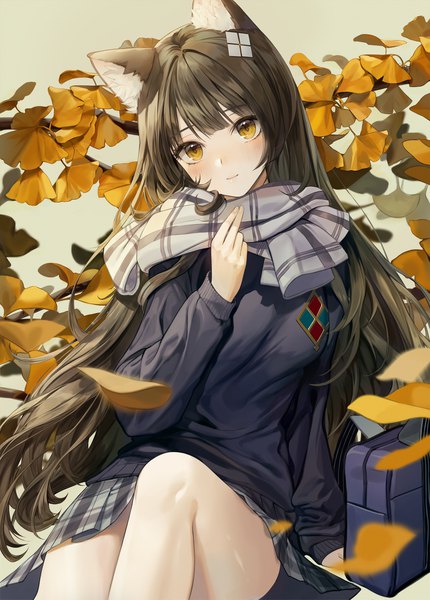 Anime picture 1500x2093 with girls frontline type 95 (girls frontline) type 95 (pure white graduation) (girls frontline) minncn single long hair tall image looking at viewer blush fringe breasts brown hair sitting animal ears yellow eyes long sleeves head tilt pleated skirt cat ears arm support