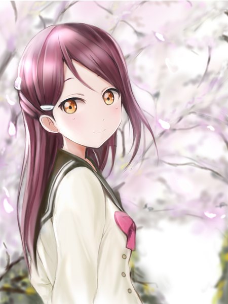 Anime picture 750x1000 with love live! sunshine!! sunrise (studio) love live! sakurauchi riko nannacy7 single long hair tall image looking at viewer blush fringe hair between eyes standing yellow eyes upper body outdoors red hair light smile depth of field cherry blossoms