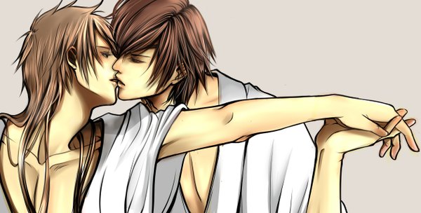 Anime picture 1260x640 with sengoku basara production i.g date masamune sanada yukimura haibara long hair blush short hair simple background brown hair wide image brown eyes traditional clothes japanese clothes profile multiple boys holding hands shounen ai almost kiss boy