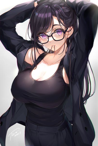 Anime picture 2100x3100 with summertime render minakata hizuru tel-o single long hair tall image looking at viewer fringe highres breasts light erotic black hair simple background large breasts purple eyes holding signed cleavage grey background mole