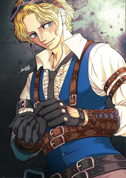 Anime picture 1053x1489 with one piece toei animation sabo (one piece) danbat miho single tall image looking at viewer short hair blue eyes blonde hair standing signed upper body light smile dutch angle scar goggles on head adjusting gloves boy gloves