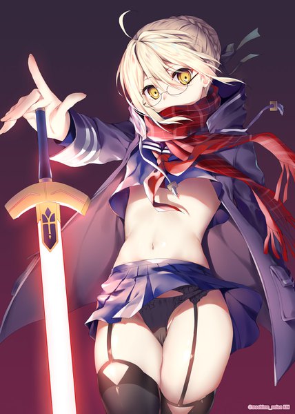 Anime picture 1000x1403 with fate (series) fate/grand order artoria pendragon (all) mysterious heroine x (alter) (fate) mysterious heroine x alter (first ascension) (fate) obiwan single tall image looking at viewer highres light erotic blonde hair signed yellow eyes ahoge braid (braids) midriff gradient background covered mouth girl