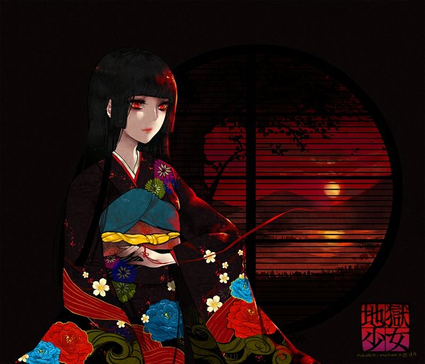 Anime picture 1000x858 with hell girl studio deen enma ai naseu single long hair black hair red eyes sitting traditional clothes japanese clothes inscription floral print evening sunset dark background mountain landscape river girl