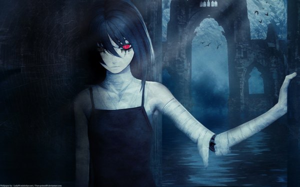 Anime picture 1920x1200 with highres short hair red eyes wide image night ruins gothic dress animal bird (birds) android