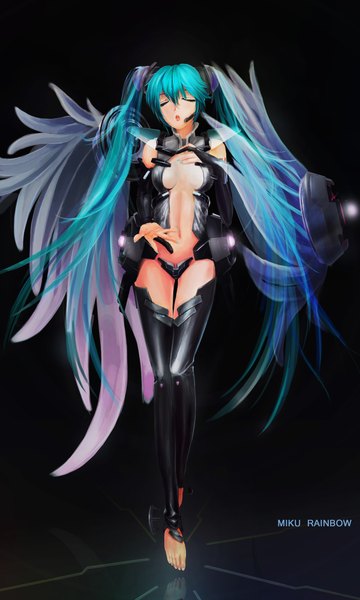 Anime picture 1200x2000 with vocaloid hatsune miku ushas single tall image fringe breasts light erotic standing twintails eyes closed very long hair barefoot aqua hair midriff singing girl thighhighs navel black thighhighs