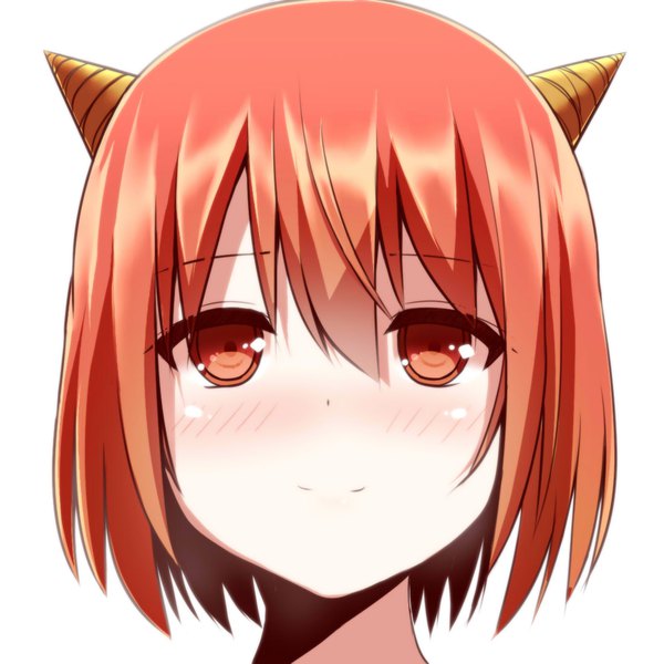 Anime picture 1100x1100 with original kaie blush fringe short hair simple background smile hair between eyes red eyes white background red hair horn (horns) looking up close-up face girl