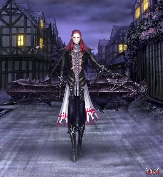Anime picture 1232x1344 with anima tall image pink hair realistic elf vampire boy weapon bat coffin