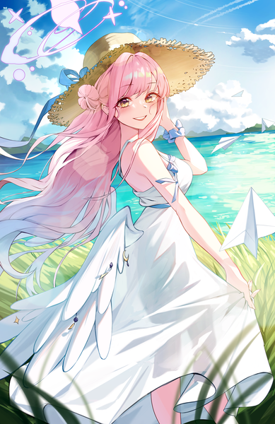 Anime picture 3500x5400 with blue archive mika (blue archive) okkimon single long hair tall image looking at viewer blush fringe highres breasts smile large breasts standing bare shoulders yellow eyes pink hair absurdres sky cloud (clouds)