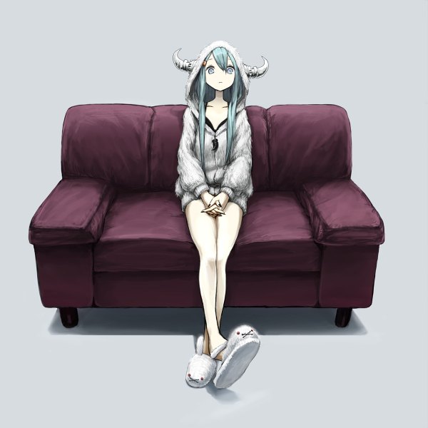 Anime picture 1200x1200 with toi (number8) single long hair fringe blue eyes simple background sitting nail polish horn (horns) aqua hair black nail polish girl shoes hood couch slippers