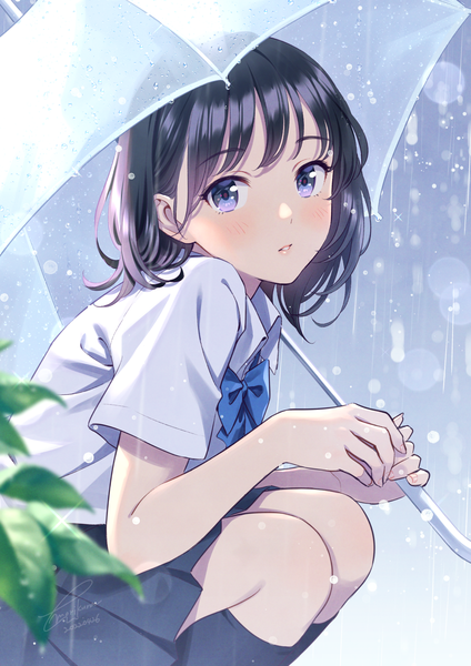 Anime picture 1157x1637 with original morikura en single tall image looking at viewer blush fringe short hair blue eyes black hair holding signed outdoors parted lips pleated skirt sparkle short sleeves dated rain squat