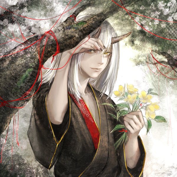 Anime picture 1000x1000 with original uraki (tetsu420) single looking at viewer fringe short hair holding yellow eyes silver hair nail polish traditional clothes japanese clothes horn (horns) fingernails light smile lips wide sleeves black nail polish boy flower (flowers)
