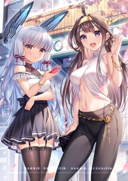 Anime picture 599x848 with kantai collection kongou battleship murakumo destroyer sannio long hair tall image looking at viewer blush fringe breasts open mouth smile brown hair large breasts standing purple eyes bare shoulders multiple girls holding brown eyes