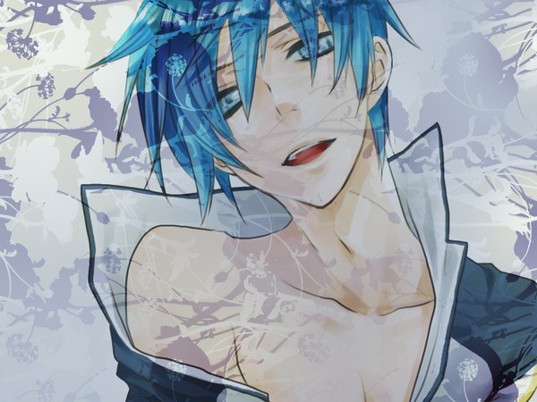 Anime picture 1600x1200 with vocaloid kaito (vocaloid) highres short hair open mouth blue eyes smile blue hair head tilt open clothes open collar transparent boy flower (flowers)
