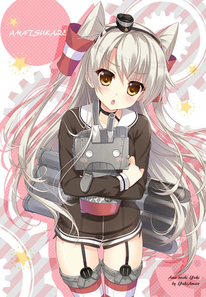 Anime picture 765x1100 with kantai collection amatsukaze destroyer rensouhou-kun ameto yuki long hair tall image looking at viewer blush light erotic holding brown eyes signed silver hair two side up character names girl thighhighs dress hair ornament underwear