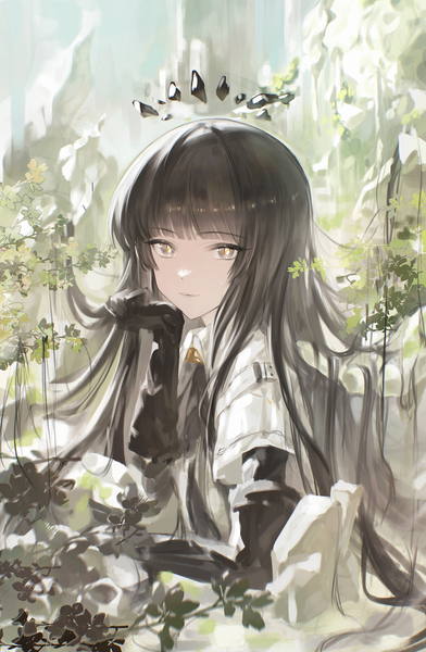 Anime-Bild 3320x5076 mit arknights virtuosa (arknights) zutto (dfvn7377) single long hair tall image looking at viewer fringe highres black hair brown eyes absurdres blunt bangs head rest girl gloves plant (plants) black gloves elbow gloves