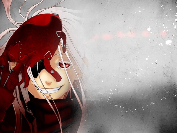 Anime picture 1024x768 with deadman wonderland shiro (deadman wonderland) red man long hair smile red eyes white hair boy mask