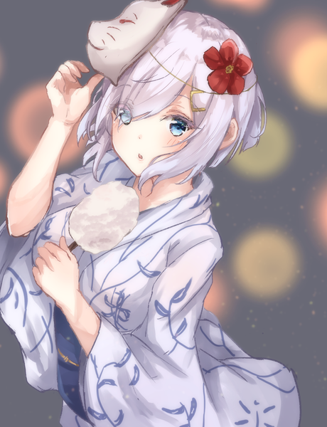 Anime picture 2508x3266 with kantai collection hamakaze destroyer sa-ya2 single tall image looking at viewer blush highres short hair blue eyes silver hair traditional clothes japanese clothes hair flower from above mask on head girl flower (flowers) hairclip mask