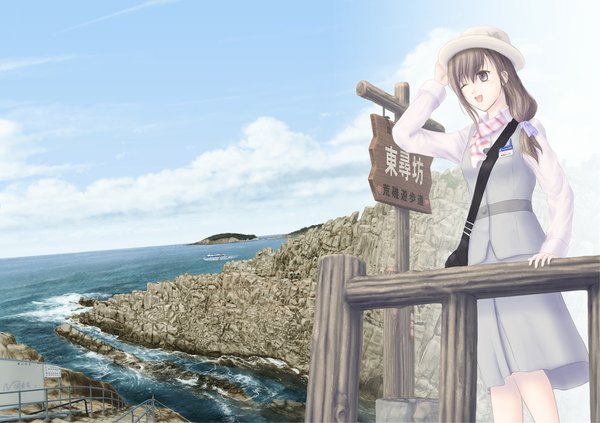 Anime picture 1093x772 with original ntake toukasaien single long hair open mouth brown hair brown eyes sky cloud (clouds) one eye closed wink mountain girl skirt hat sea bag