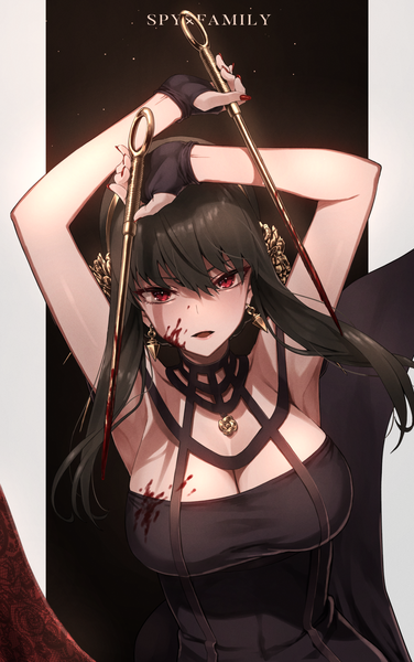 Anime picture 1296x2067 with spy x family yor briar greenkohgen single long hair tall image looking at viewer fringe breasts light erotic black hair hair between eyes red eyes large breasts cleavage upper body arms up copyright name blood on face bloody weapon