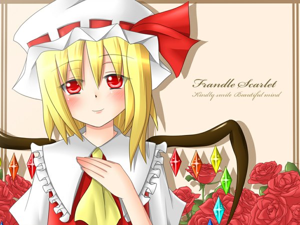 Anime picture 1024x768 with touhou flandre scarlet hanazome dotera blush short hair blonde hair smile red eyes inscription girl flower (flowers) wings
