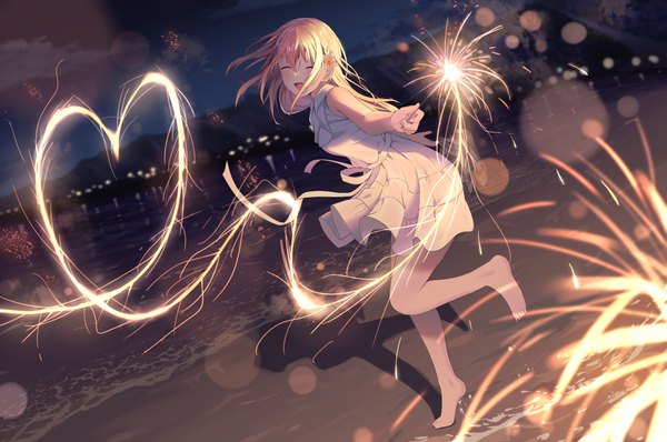 Anime-Bild 4000x2653 mit original cac itinose single long hair fringe highres open mouth blonde hair hair between eyes absurdres full body outdoors eyes closed barefoot night bare legs sleeveless beach lens flare ^ ^