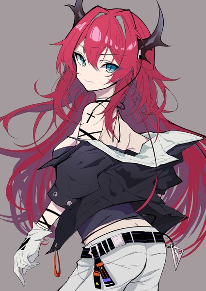 Anime picture 2480x3500 with arknights surtr (arknights) mutsu aya single long hair tall image looking at viewer fringe highres breasts light erotic simple background hair between eyes red hair horn (horns) aqua eyes grey background turning head slit pupils girl