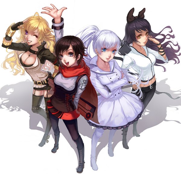 Anime picture 1195x1180 with rwby rooster teeth ruby rose weiss schnee blake belladonna yang xiao long -elf-jy long hair looking at viewer short hair open mouth blue eyes black hair blonde hair smile white background purple eyes multiple girls yellow eyes cleavage