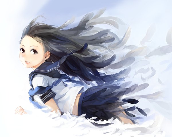 Anime picture 1200x957 with original amado (shin) single long hair looking at viewer black hair simple background smile brown eyes wind from behind black eyes midriff back girl uniform school uniform feather (feathers) sailor suit