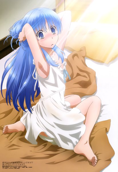 Anime picture 4080x5931 with shuumatsu nani shitemasu ka? isogashii desu ka? sukutte moratte ii desu ka? megami magazine chtholly nota seniorious nagasaka hiroharu single long hair tall image blush highres open mouth blue eyes light erotic sitting blue hair absurdres full body looking back official art bare legs wariza