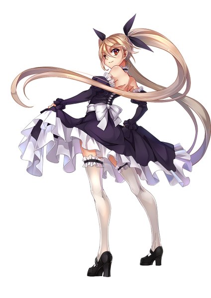 Anime picture 1000x1414 with original huazang single long hair tall image simple background blonde hair red eyes white background twintails girl thighhighs dress bow hair bow detached sleeves white thighhighs frills