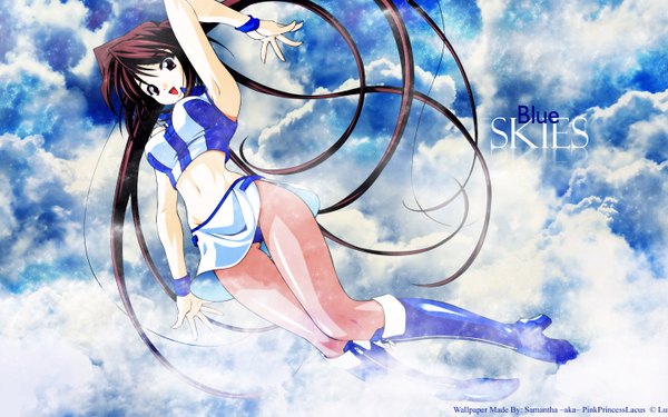 Anime picture 1440x900 with memories off hina asuka sasaki mutsumi pinkprincesslacus single open mouth light erotic wide image signed cloud (clouds) full body very long hair :d high heels flying third-party edit cropped girl knee boots