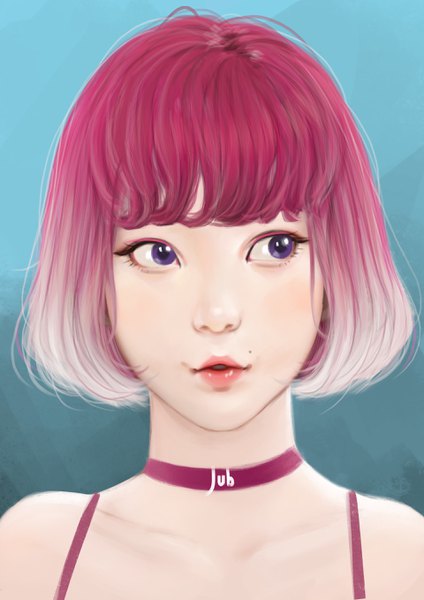 Anime picture 1920x2716 with original greyzie angel jubi (regiana) single tall image fringe highres short hair purple eyes bare shoulders signed looking away pink hair blunt bangs parted lips realistic mole portrait gradient hair blue background
