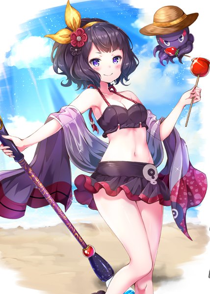 Anime picture 1000x1400 with fate (series) fate/grand order katsushika hokusai (fate/grand order) tokitarou (fate/grand order) pilokey single tall image looking at viewer blush fringe short hair breasts light erotic black hair smile standing purple eyes bare shoulders holding sky