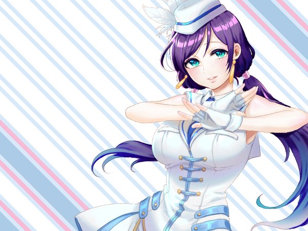 Anime picture 800x600 with love live! school idol project sunrise (studio) love live! toujou nozomi julion (akesuzu) single long hair looking at viewer blush fringe breasts large breasts twintails bare shoulders purple hair parted lips aqua eyes low twintails crossed arms striped