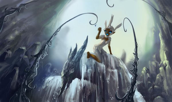Anime picture 1500x891 with original malu blue eyes wide image animal ears pointy ears monster girl girl insect butterfly ice cave