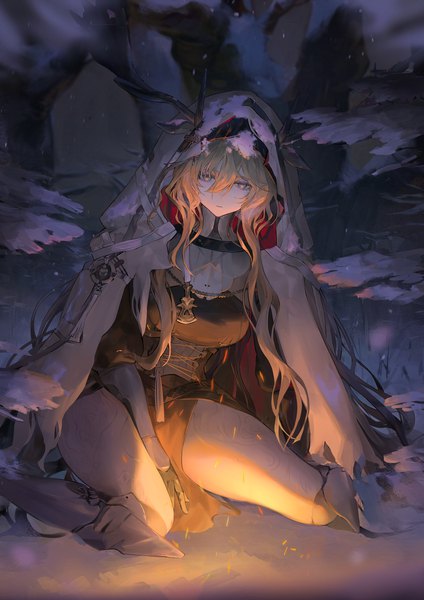 Anime picture 1693x2393 with arknights viviana (arknights) koio single long hair tall image fringe blonde hair hair between eyes sitting outdoors horn (horns) wariza snow girl hood