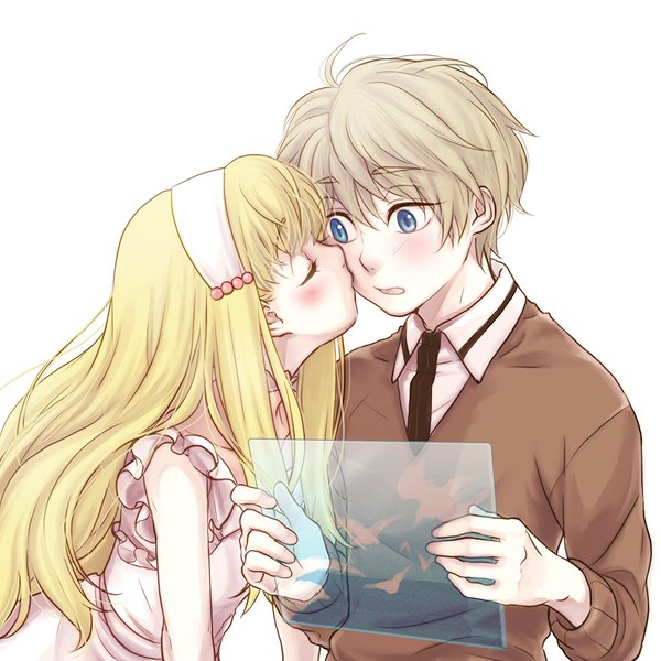 Anime picture 1000x1000 with aldnoah.zero a-1 pictures slaine troyard asseylum vers allusia nana (t-a-f) long hair blush fringe short hair open mouth blue eyes simple background blonde hair hair between eyes standing white background holding looking away upper body ahoge