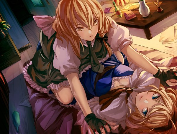 Anime picture 1304x990 with touhou kirisame marisa alice margatroid eredhen long hair fringe short hair breasts blue eyes blonde hair sitting multiple girls yellow eyes looking away cleavage indoors lying braid (braids) nail polish fingernails