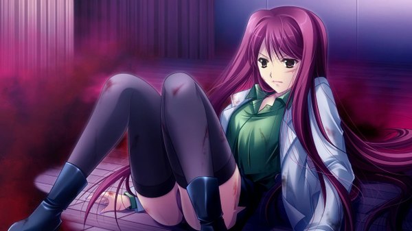 Anime picture 1280x720 with kagura gakuen ki tsurugi asaka yamamoto kazue long hair light erotic wide image brown eyes game cg red hair girl thighhighs black thighhighs