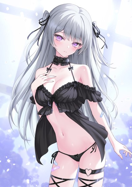 Anime picture 1447x2046 with original lis 111 single long hair tall image looking at viewer blush fringe breasts light erotic large breasts standing purple eyes cleavage silver hair blunt bangs two side up hand on chest girl navel