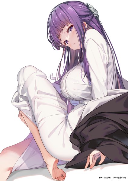 Anime picture 778x1100 with sousou no frieren fern (sousou no frieren) hong (white spider) single long hair tall image looking at viewer blush breasts light erotic simple background large breasts white background sitting purple eyes purple hair barefoot half updo girl dress