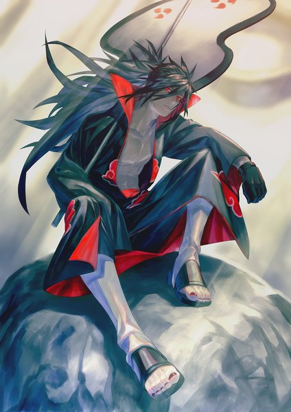 Anime picture 1240x1754 with naruto studio pierrot naruto (series) uchiha madara fasna single long hair tall image looking at viewer fringe black hair hair between eyes red eyes sitting payot full body bent knee (knees) ponytail nail polish head tilt