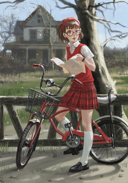 Anime picture 800x1143 with whiskypaint single tall image fringe short hair brown hair signed looking away lips orange eyes freckles girl skirt plant (plants) shirt tree (trees) socks glasses shoes bracelet