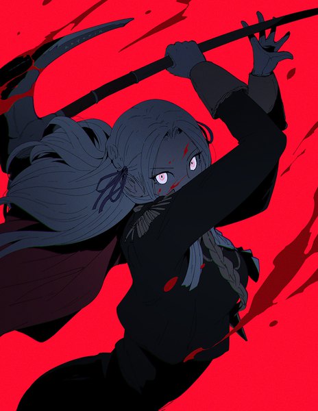 Anime picture 1024x1325 with fire emblem fire emblem: three houses nintendo edelgard von hresvelg koyoriin single long hair tall image looking at viewer standing holding white hair wind arms up glowing glowing eye (eyes) red background covered mouth fighting stance blood on face