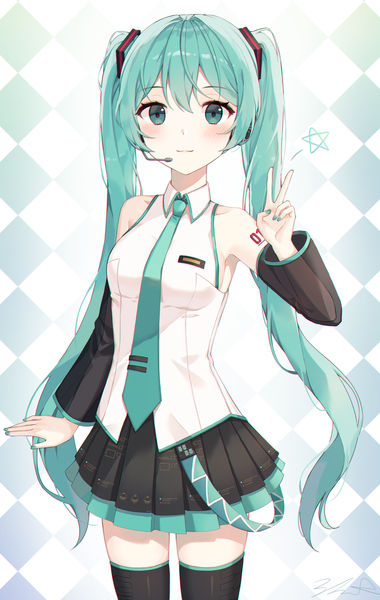 Anime picture 3768x5949 with vocaloid hatsune miku monjja single long hair tall image looking at viewer blush highres standing twintails absurdres nail polish pleated skirt aqua eyes aqua hair zettai ryouiki victory checkered checkered background